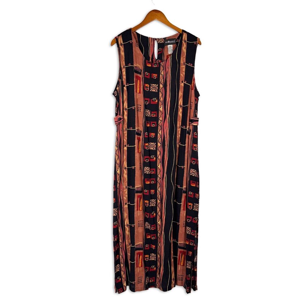 Vintage Sag Harbor Rayon Maxi Dress 1X Abstract Print 90s Boho Sleeveless